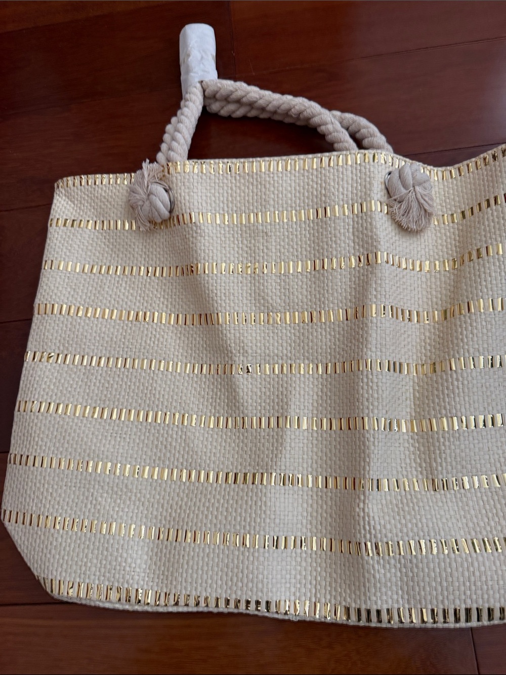 Lancome Cream Tote with Gold Stripe Accents